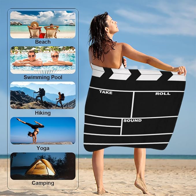 Black Movie Clapboard Beach Towel Oversized Quick Dry Beach Blanket Microfiber - Image 5