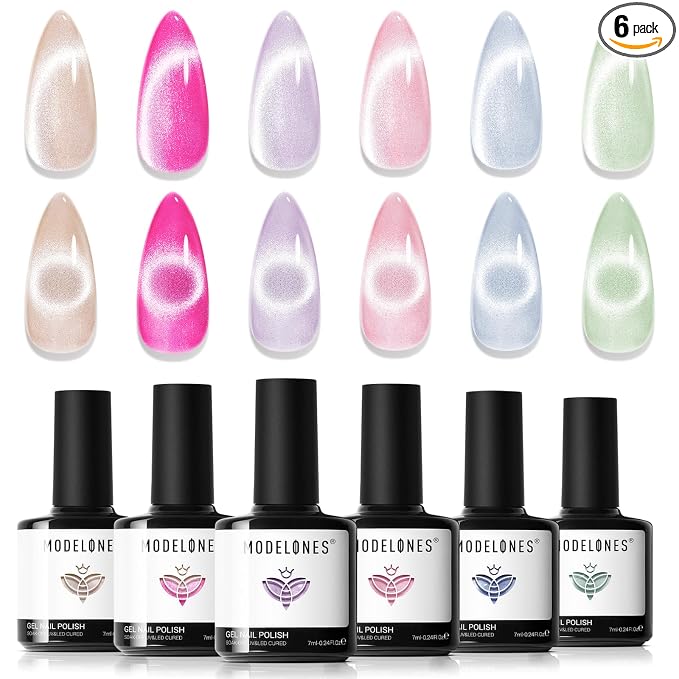 Modelones Cat Eye Gel Nail Polish, 6 Colors Glitter Summer Pink Blue Green Blue by MODELONES