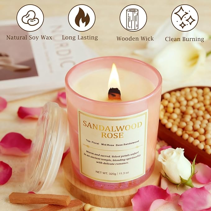 Scented Candles for Home, 2 Pack Wood Wick Sandalwood Rose Scented Candle - Image 3