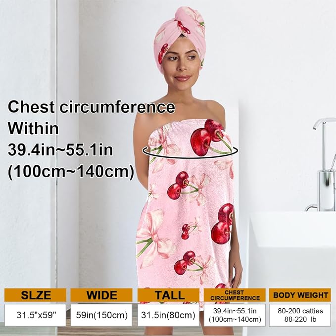 Women's Cherry Bow Shower Wrap and Hair Towel Set – Pink Quick Dry Microfiber - Image 3