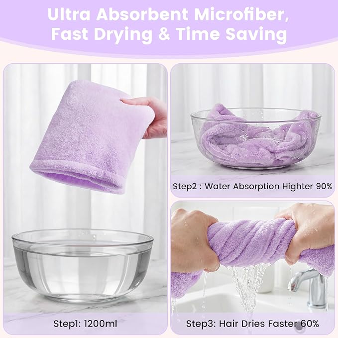 Microfiber Hair Towel Wrap for Women, 2 Pack Large Fast Drying Hair Towel - Image 8