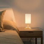Small Bedside Table Lamp for Bedroom, Natural Round Wood Base&Fabric Linen Shade - Image 2