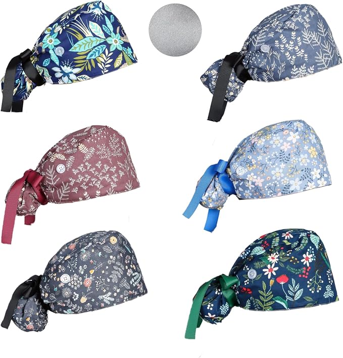 CEYAZYE 6 Pcs Satin Lined Scrub Caps Women Nurse, Surgical Hats by CEYAZYE