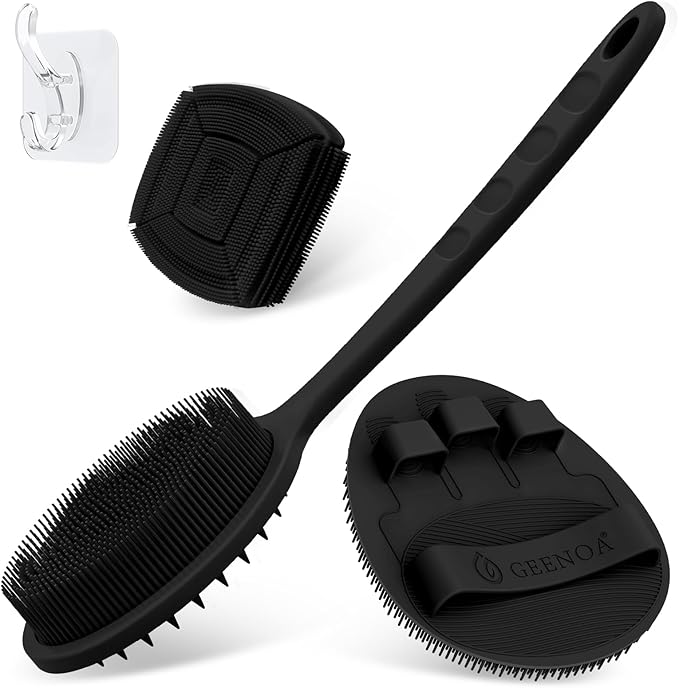 Silicone Back & Face Scrubber & Bath Glove Set 3PCS, 13.4'' Gentle Back Scrubber by GEENOA