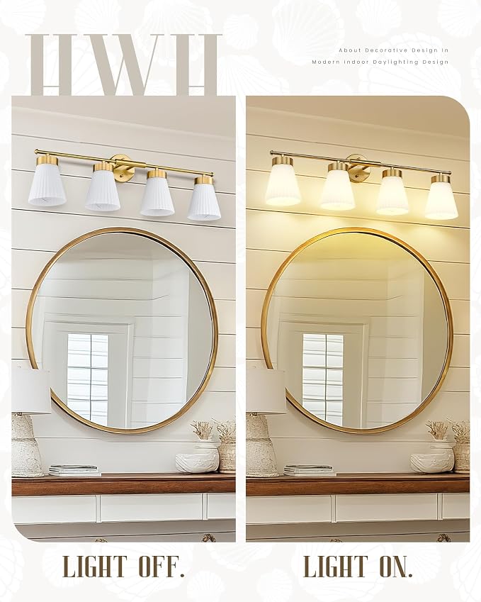 Bathroom Light Fixtures Brushed Gold, HWH 4 Light Vanity Lights Over Mirror - Image 5