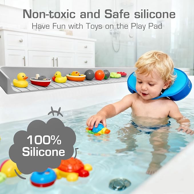 31.5" Bathtub Splash Guard for Kids & Toddlers- Silicone Play Shelf & Toy - Image 4