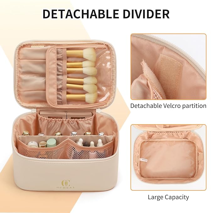 OCHEAL Beige Makeup Bag, Travel Makeup Organizer Bag, Large Capacity Cosmetic - Image 2