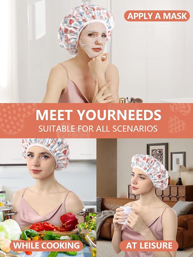 Years calm Terry Lined Shower Cap, Triple Layer Heart Motifs, Waterproof - Image 9