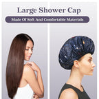 Navy Astral Print Satin Shower Cap, Three-Layer Terry Cloth Lined, - Image 7