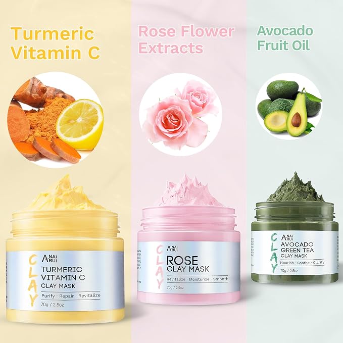ANAI RUI 3 Pack Clay Mask Set Turmeric Vitamin C Clay Mask -Rose Facial Mask - Image 2