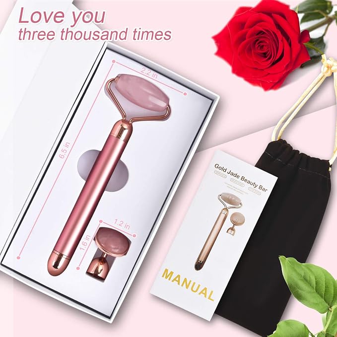 Upgrade 2 in 1 Vibrating Jade Facial Massager Roller, Electric Rose Quartz Eye - Image 5