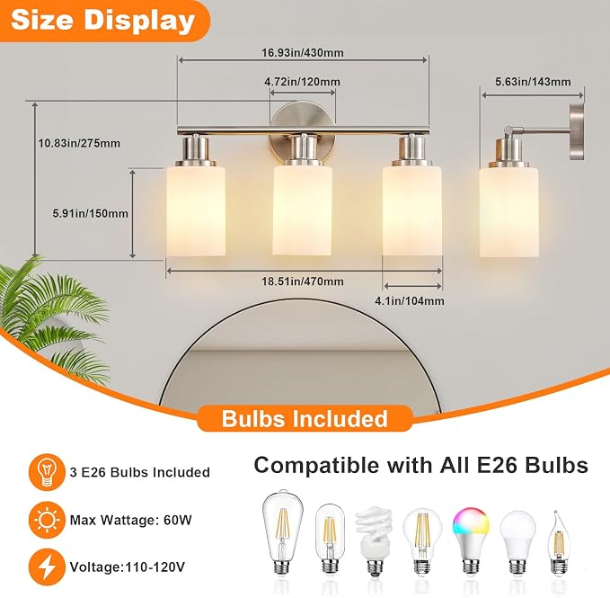 DLLT 3-Light Bathroom Light Fixtures: Nickel Modern Vanity Lights - Image 3