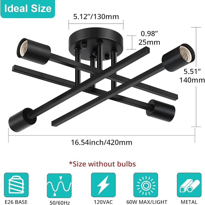 SunRider Industrial 4-Light Semi Flush Mount Ceiling Light Fixture, Indoor - Image 2
