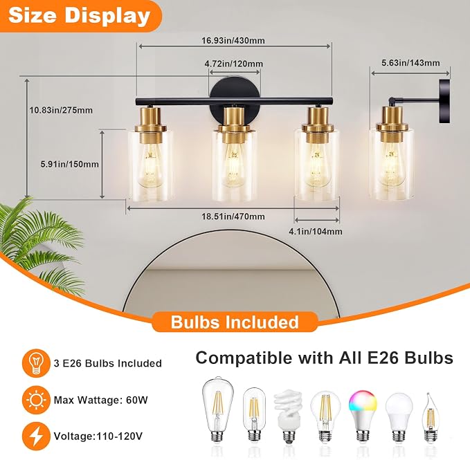 DLLT 3-Light Bathroom Light Fixtures: Black and Gold Modern Vanity Lights - Image 4