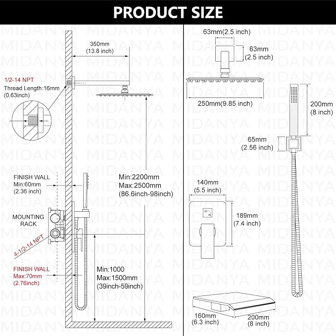 Midanya Shower System with Tub Spout, Bathtub Shower Faucet Set with Square - Image 5