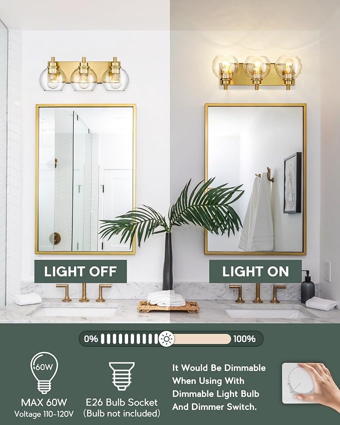 Bathroom Light Fixtures, 3-Light Brushed Gold Vanity Light, Modern Wall Sconces - Image 6