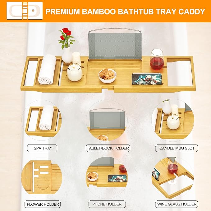 Banlilu Premium Natural Bamboo Expandable Bathtub Tray Caddy, Luxury Spa-Like - Image 2