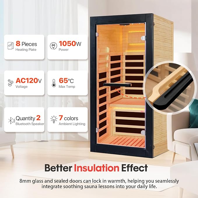OUTEXER Sauna One Person Infrared Saunas Room Chilean Pine Wood 1050W Dry - Image 5