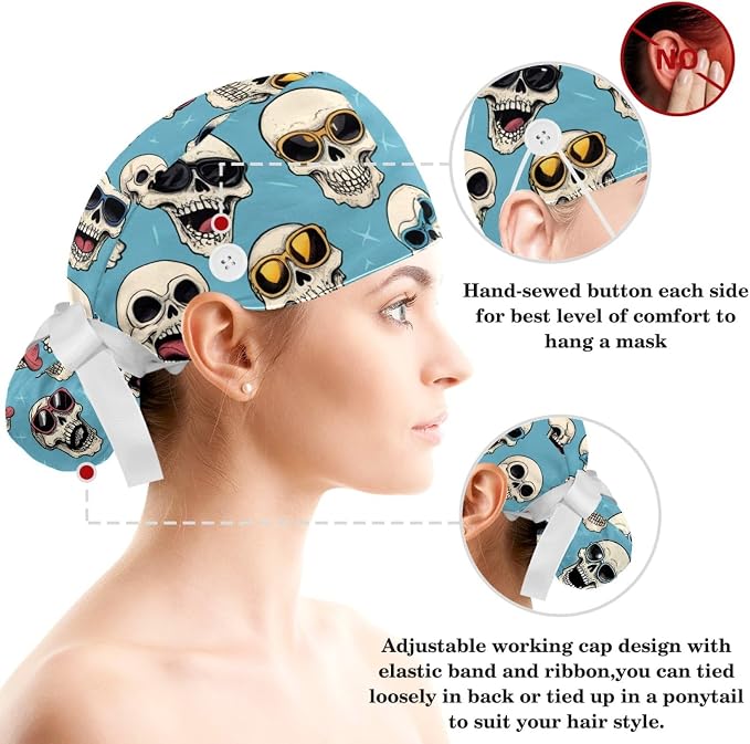 Scrub Caps Women Ponytail Cute Pink and White Leaves Caps Bouffant Working Hat - Image 3