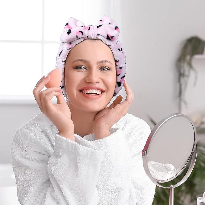 Pink Leopard Print Plush Wash Face Headband Bowknot Cheetah Spa Hair Band Wrist - Image 4
