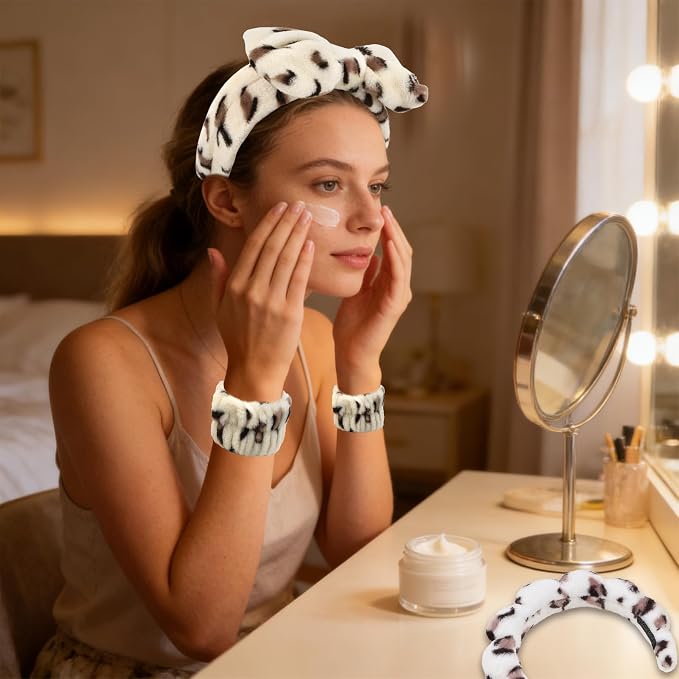 Beige Leopard Spa Headband and Wristband Set, Soft Elastic Face Washing - Image 3