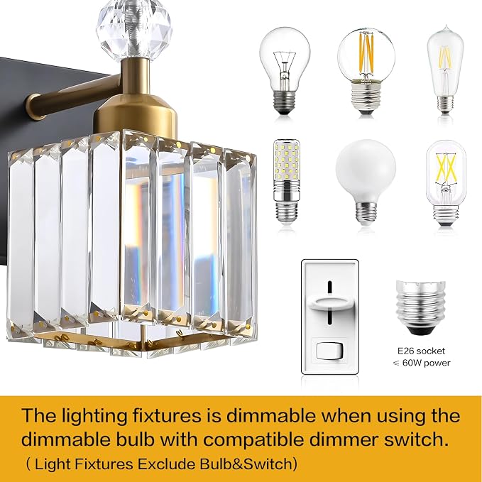 PRESDE Crystal 2 Light Bathroom Vanity Lights Black and Gold Bathroom Lights - Image 6
