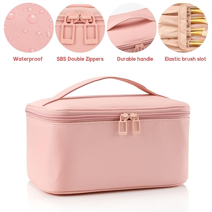 OCHEAL Pink Makeup Bag, Travel Makeup Organizer Bag, Large Capacity Cosmetic - Image 2