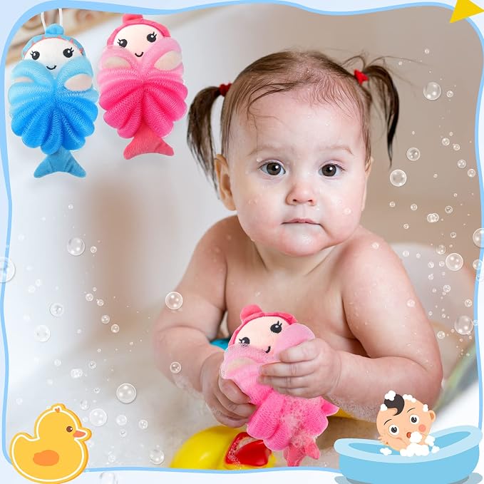 Nuenen 2 Pcs Bath Loofahs Kids Toddler Cute Cartoon Bath Sponges Loofah Pouf - Image 5