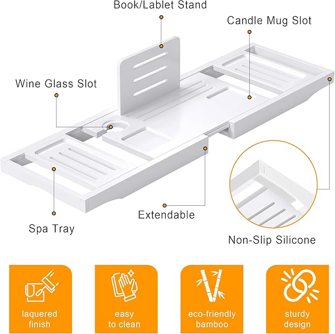 Bathtub Tray Caddy, Premium Bamboo Expandable Bath Tub Trays Table, Foldable - Image 5