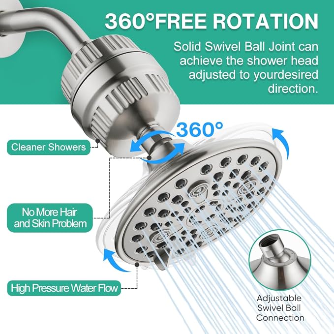 Cobbe 6-Setting High Pressure Filtered Shower Head Combo, Detachable Rain - Image 7