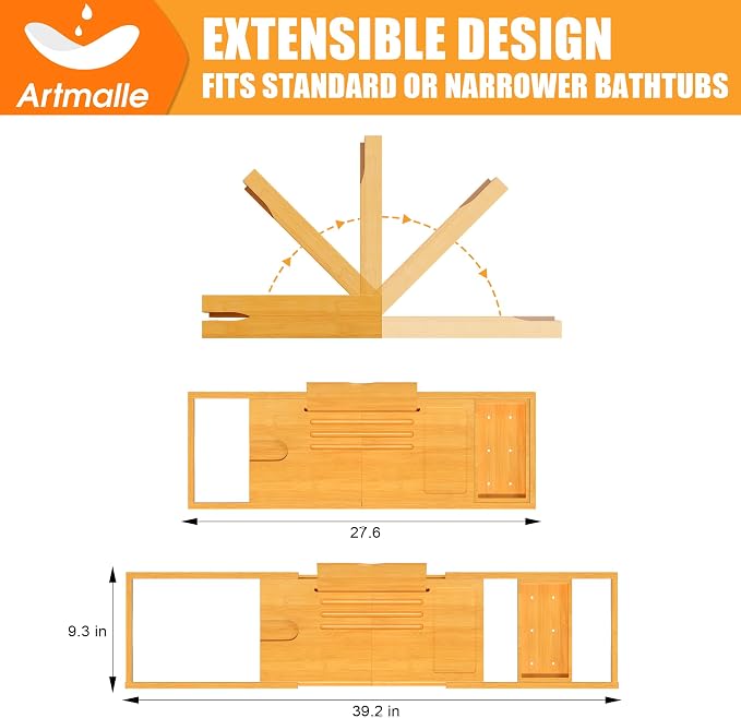 Artmalle Foldable Bathtub Tray for Tub, Bamboo Bathtub Caddy Tray Table - Image 5
