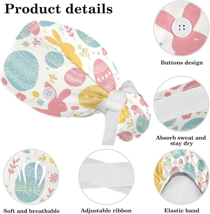 Scrub Caps Women Ponytail Cute Pink and White Leaves Caps Bouffant Working Hat - Image 4