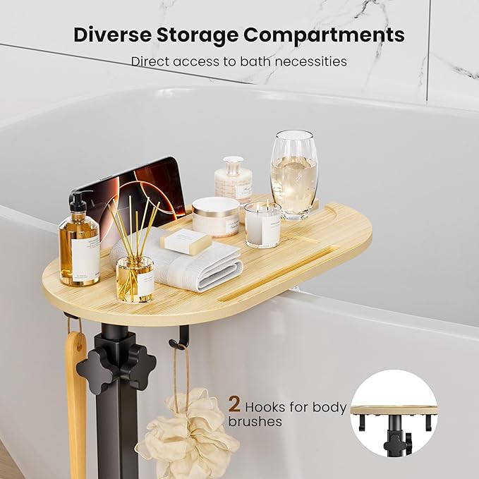 Bamboo Bathtub Table with Adjustable Height, Freestanding Bath Tray Caddy Board - Image 4