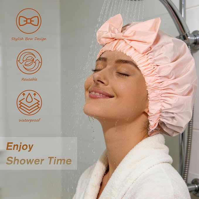 Shower Cap for Women, Cute Bow Waterproof Reusable Bath Cap, Non-Slip Anti - Image 2