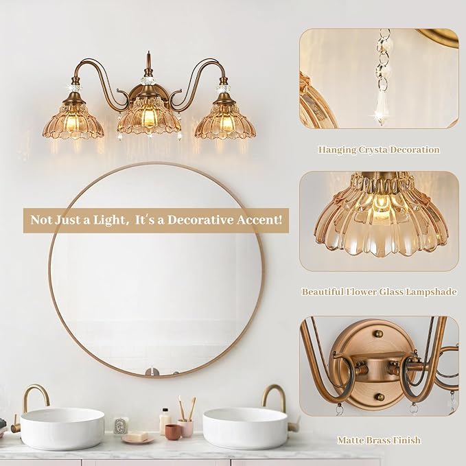Vintage Bathroom Vanity Light, 3-Light Matte Antique Brass Finish Wall Sconce - Image 4