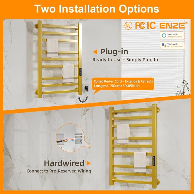 ENZE Smart Heated Towel Rack, 9-Bar Wall-Mounted Electric Towel Warmer 230W - Image 8