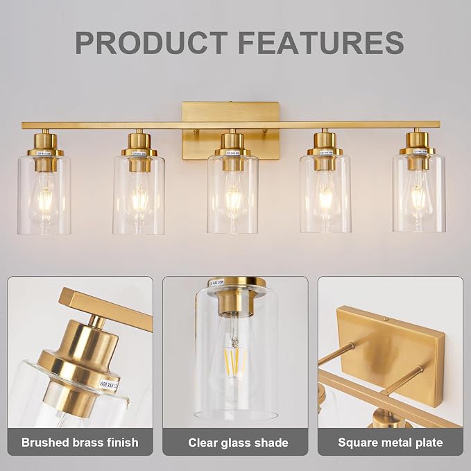 5 Light Gold Bathroom Light Fixtures Brushed Brass Vanity Light Over Mirror - Image 7