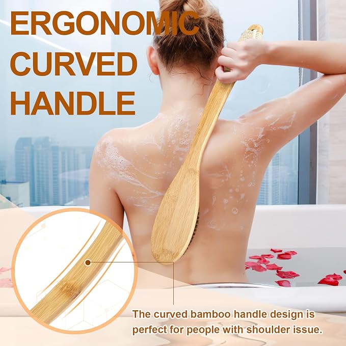 eaxun Bamboo Shower Brush with Curved Long Handle, 16.7 Inches Exfoliating Back - Image 4