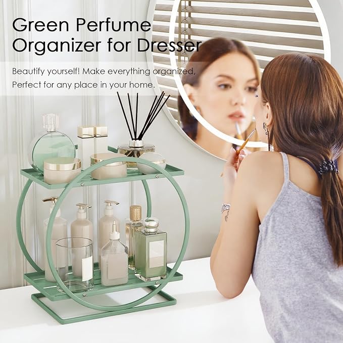 Green Perfume Organizer for Dresser, 2-Tier Bathroom Counter Organizers - Image 2