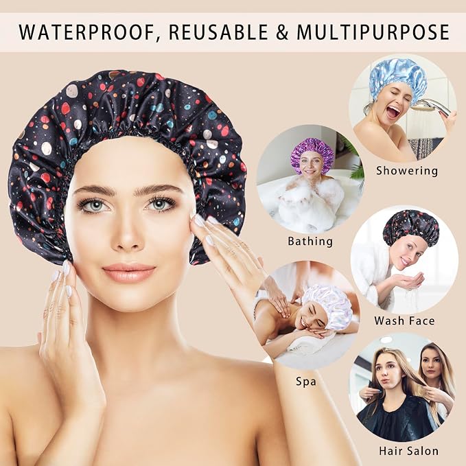 Shower Caps for Women, Double Layers Shower Cap Reusable Waterproof, Bathing - Image 7
