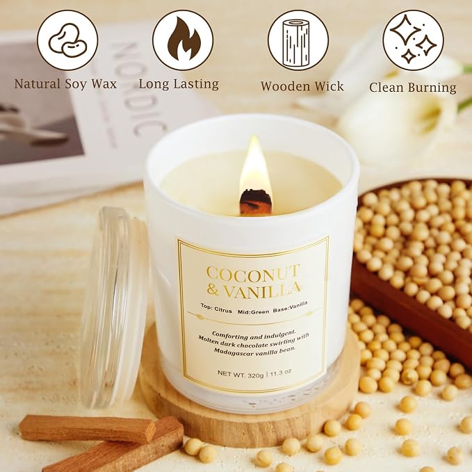 2 Pack Wood Wick Coconut & Vanilla Candle Gift Set – Long Lasting Soy Wax - Image 3