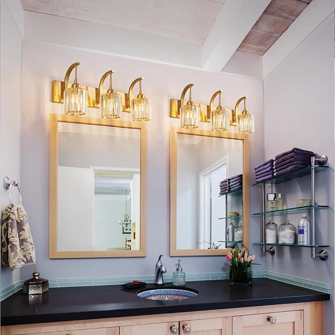 3-Light Crystal Vanity Light, Modern Gold Bathroom Wall Sconce - Image 7