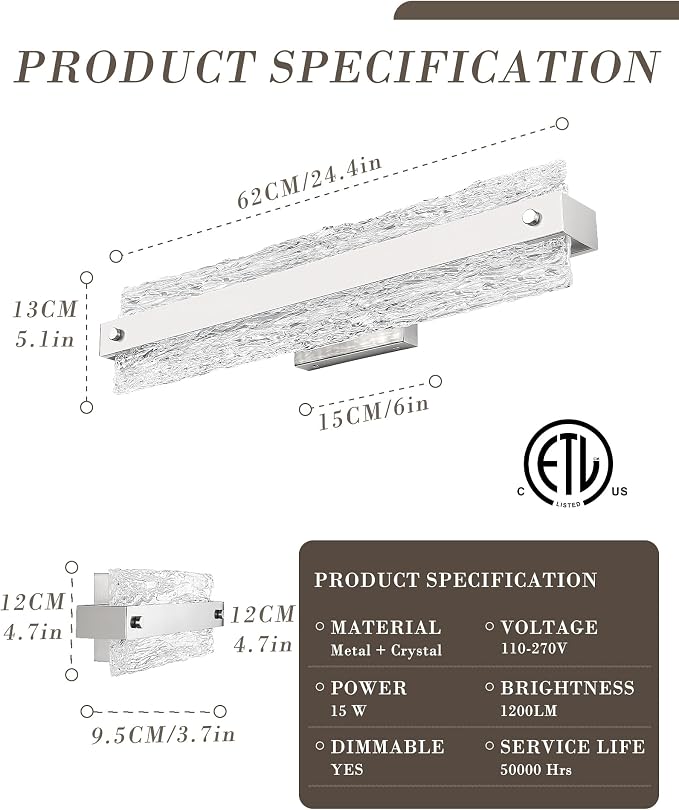 Brushed Nickel LED Bathroom Vanity Light, 24.4 Inch 15W Modern Dimmable - Image 6
