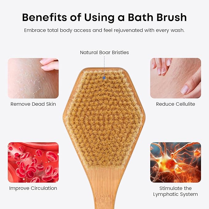 eaxun Bamboo Back Brush with Curved Long Handle, 17.5 Inches Shower Back - Image 5