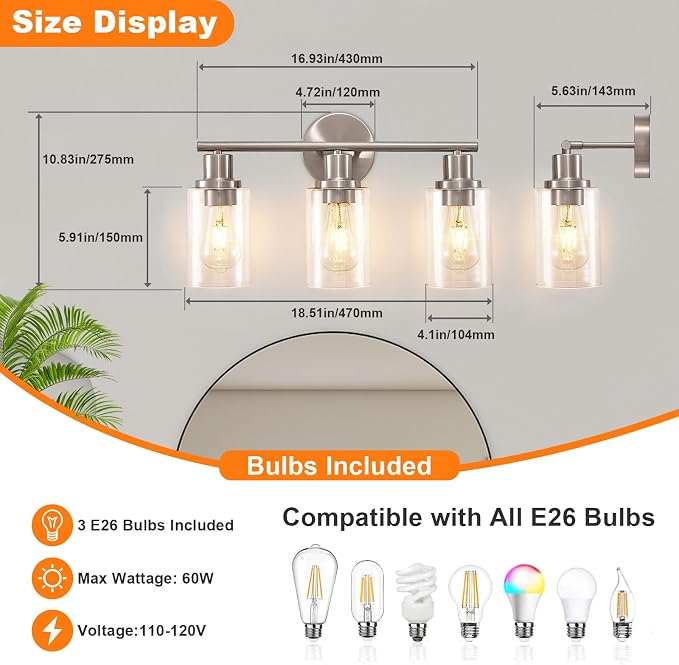DLLT 3-Light Bathroom Light Fixtures: Nickel Modern Vanity Lights - Image 3