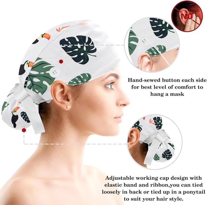 Women Working Cap with Buttons Bouffant Hat Autumn Leaves Nurse Scrub Caps Long - Image 3