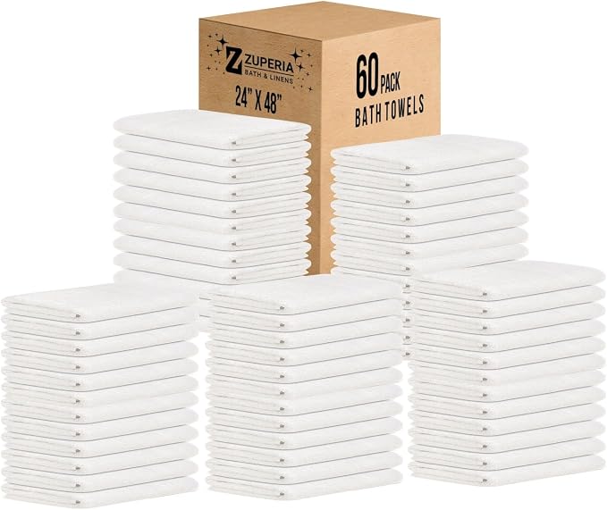 ZUPERIA White Bath Towels Bulk 60 Pack by Zuperia