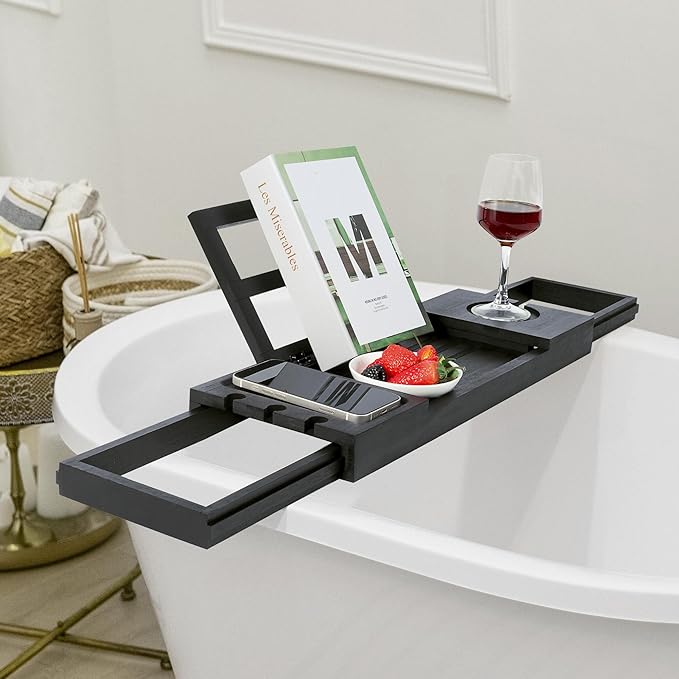 Utoplike Bamboo Bathtub Tray Black, Adjustable Bath Caddy Table - Image 3