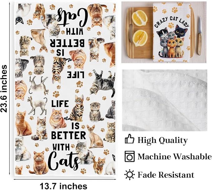2PCS Cute Cat Kitchen Towels, Cat Themed Gifts Reusable Absorbent Waffle Weave - Image 2