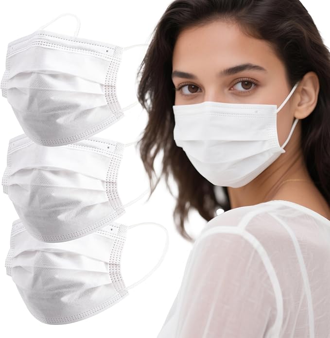 akgk 100PCS White Disposable Face Masks, 3-Ply Breathable White Face Mask - Image 5